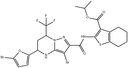 isopropyl 2-({[3-bromo-5-(5-bromo-2-furyl)-7-(trifluoromethyl)-4,5,6,7-tetrahydropyrazolo[1,5-a]pyrimidin-2-yl]carbonyl}amino)-4,5,6,7-tetrahydro-1-benzothiophene-3-carboxylate 구조식 이미지