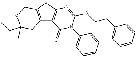 6-ethyl-6-methyl-3-phenyl-2-[(2-phenylethyl)sulfanyl]-3,5,6,8-tetrahydro-4H-pyrano[4',3':4,5]thieno[2,3-d]pyrimidin-4-one Structure