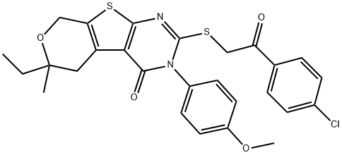 2-{[2-(4-chlorophenyl)-2-oxoethyl]sulfanyl}-6-ethyl-3-(4-methoxyphenyl)-6-methyl-3,5,6,8-tetrahydro-4H-pyrano[4',3':4,5]thieno[2,3-d]pyrimidin-4-one 구조식 이미지