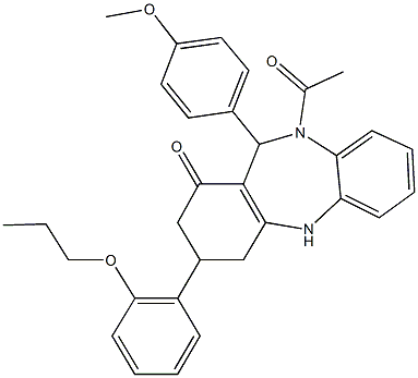 10-acetyl-11-(4-methoxyphenyl)-3-(2-propoxyphenyl)-2,3,4,5,10,11-hexahydro-1H-dibenzo[b,e][1,4]diazepin-1-one 구조식 이미지