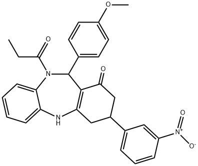 3-{3-nitrophenyl}-11-(4-methoxyphenyl)-10-propionyl-2,3,4,5,10,11-hexahydro-1H-dibenzo[b,e][1,4]diazepin-1-one 구조식 이미지