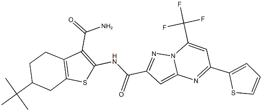 N-[3-(aminocarbonyl)-6-tert-butyl-4,5,6,7-tetrahydro-1-benzothien-2-yl]-5-(2-thienyl)-7-(trifluoromethyl)pyrazolo[1,5-a]pyrimidine-2-carboxamide Structure