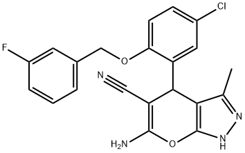 6-amino-4-{5-chloro-2-[(3-fluorobenzyl)oxy]phenyl}-3-methyl-1,4-dihydropyrano[2,3-c]pyrazole-5-carbonitrile 구조식 이미지