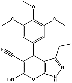 6-amino-3-ethyl-4-[3,4,5-tris(methyloxy)phenyl]-2,4-dihydropyrano[2,3-c]pyrazole-5-carbonitrile Structure