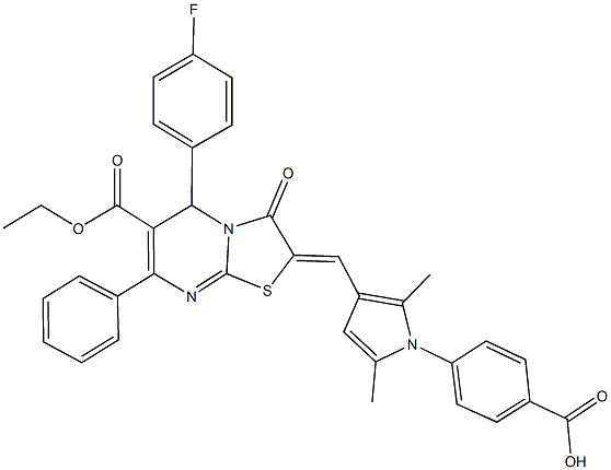 4-{3-[(6-(ethoxycarbonyl)-5-(4-fluorophenyl)-3-oxo-7-phenyl-5H-[1,3]thiazolo[3,2-a]pyrimidin-2(3H)-ylidene)methyl]-2,5-dimethyl-1H-pyrrol-1-yl}benzoic acid Structure