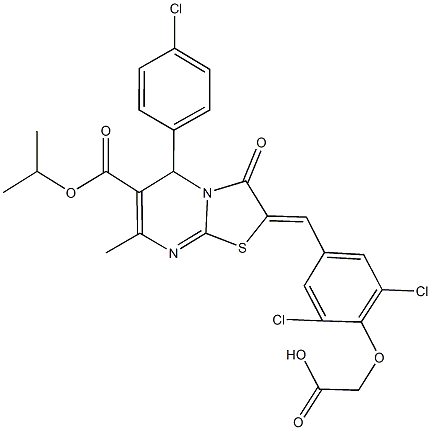 {2,6-dichloro-4-[(5-(4-chlorophenyl)-6-(isopropoxycarbonyl)-7-methyl-3-oxo-5H-[1,3]thiazolo[3,2-a]pyrimidin-2(3H)-ylidene)methyl]phenoxy}acetic acid 구조식 이미지