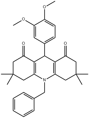 10-benzyl-9-(3,4-dimethoxyphenyl)-3,3,6,6-tetramethyl-3,4,6,7,9,10-hexahydro-1,8(2H,5H)-acridinedione Structure