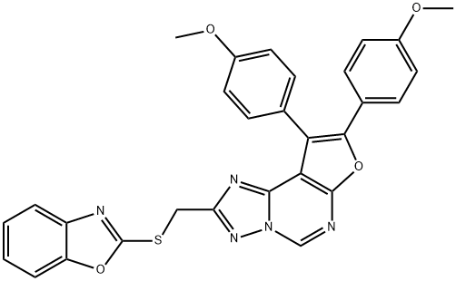 2-[(1,3-benzoxazol-2-ylsulfanyl)methyl]-8,9-bis(4-methoxyphenyl)furo[3,2-e][1,2,4]triazolo[1,5-c]pyrimidine 구조식 이미지