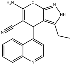 6-amino-3-ethyl-4-quinolin-4-yl-2,4-dihydropyrano[2,3-c]pyrazole-5-carbonitrile Structure