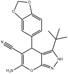 6-amino-4-(1,3-benzodioxol-5-yl)-3-tert-butyl-1,4-dihydropyrano[2,3-c]pyrazole-5-carbonitrile 구조식 이미지