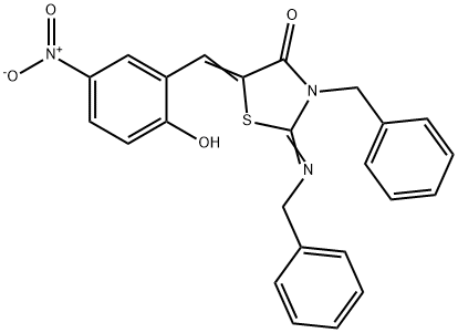 3-benzyl-2-(benzylimino)-5-{2-hydroxy-5-nitrobenzylidene}-1,3-thiazolidin-4-one Structure