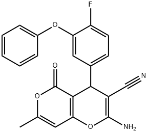 2-amino-4-[4-fluoro-3-(phenyloxy)phenyl]-7-methyl-5-oxo-4H,5H-pyrano[4,3-b]pyran-3-carbonitrile Structure