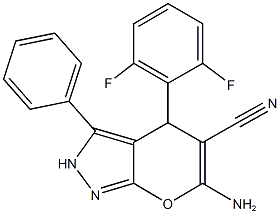 6-amino-4-(2,6-difluorophenyl)-3-phenyl-2,4-dihydropyrano[2,3-c]pyrazole-5-carbonitrile 구조식 이미지