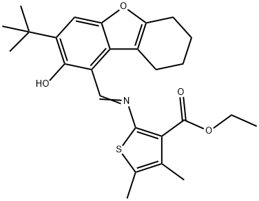 ethyl 2-{[(3-tert-butyl-2-hydroxy-6,7,8,9-tetrahydrodibenzo[b,d]furan-1-yl)methylene]amino}-4,5-dimethyl-3-thiophenecarboxylate 구조식 이미지