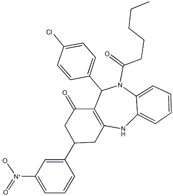 11-(4-chlorophenyl)-10-hexanoyl-3-{3-nitrophenyl}-2,3,4,5,10,11-hexahydro-1H-dibenzo[b,e][1,4]diazepin-1-one Structure