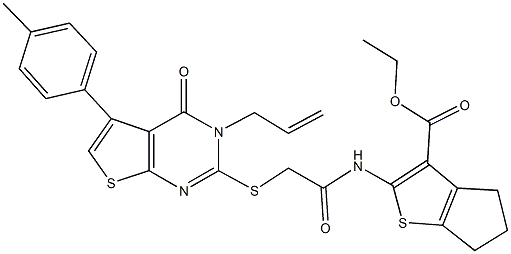 ethyl 2-[({[3-allyl-5-(4-methylphenyl)-4-oxo-3,4-dihydrothieno[2,3-d]pyrimidin-2-yl]sulfanyl}acetyl)amino]-5,6-dihydro-4H-cyclopenta[b]thiophene-3-carboxylate 구조식 이미지