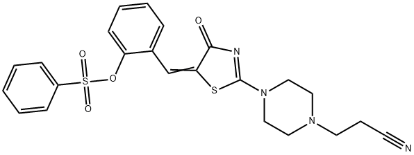 2-[(2-[4-(2-cyanoethyl)-1-piperazinyl]-4-oxo-1,3-thiazol-5(4H)-ylidene)methyl]phenyl benzenesulfonate Structure