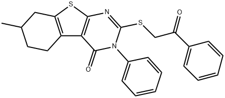 7-methyl-2-[(2-oxo-2-phenylethyl)sulfanyl]-3-phenyl-5,6,7,8-tetrahydro[1]benzothieno[2,3-d]pyrimidin-4(3H)-one Structure