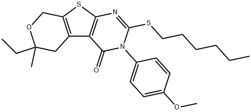 6-ethyl-2-(hexylsulfanyl)-3-(4-methoxyphenyl)-6-methyl-3,5,6,8-tetrahydro-4H-pyrano[4',3':4,5]thieno[2,3-d]pyrimidin-4-one 구조식 이미지