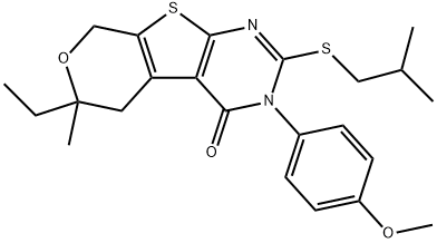 6-ethyl-2-(isobutylsulfanyl)-3-(4-methoxyphenyl)-6-methyl-3,5,6,8-tetrahydro-4H-pyrano[4',3':4,5]thieno[2,3-d]pyrimidin-4-one 구조식 이미지