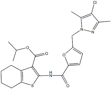 isopropyl 2-({5-[(4-chloro-3,5-dimethyl-1H-pyrazol-1-yl)methyl]-2-furoyl}amino)-4,5,6,7-tetrahydro-1-benzothiophene-3-carboxylate 구조식 이미지