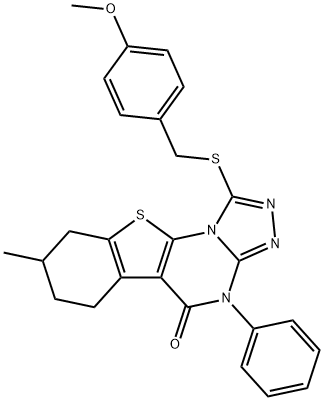 1-[(4-methoxybenzyl)sulfanyl]-8-methyl-4-phenyl-6,7,8,9-tetrahydro[1]benzothieno[3,2-e][1,2,4]triazolo[4,3-a]pyrimidin-5(4H)-one 구조식 이미지