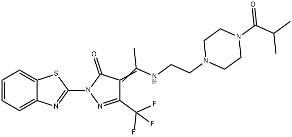 2-(1,3-benzothiazol-2-yl)-4-(1-{[2-(4-isobutyryl-1-piperazinyl)ethyl]amino}ethylidene)-5-(trifluoromethyl)-2,4-dihydro-3H-pyrazol-3-one 구조식 이미지