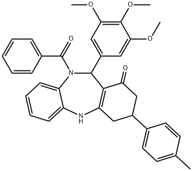 10-benzoyl-3-(4-methylphenyl)-11-(3,4,5-trimethoxyphenyl)-2,3,4,5,10,11-hexahydro-1H-dibenzo[b,e][1,4]diazepin-1-one 구조식 이미지