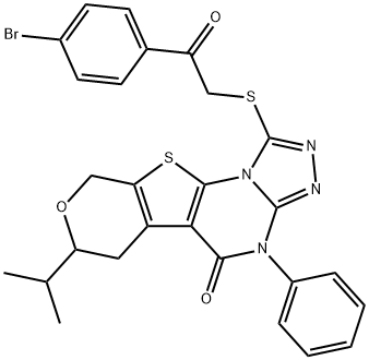 1-{[2-(4-bromophenyl)-2-oxoethyl]sulfanyl}-7-isopropyl-4-phenyl-6,9-dihydro-7H-pyrano[4',3':4,5]thieno[3,2-e][1,2,4]triazolo[4,3-a]pyrimidin-5(4H)-one 구조식 이미지