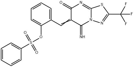 2-[(5-imino-7-oxo-2-(trifluoromethyl)-5H-[1,3,4]thiadiazolo[3,2-a]pyrimidin-6(7H)-ylidene)methyl]phenyl benzenesulfonate 구조식 이미지