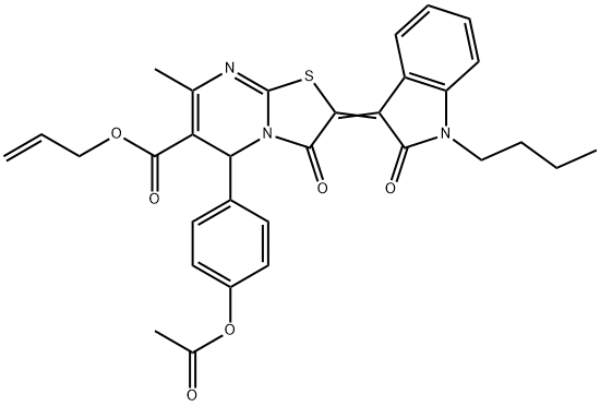 allyl 5-[4-(acetyloxy)phenyl]-2-(1-butyl-2-oxo-1,2-dihydro-3H-indol-3-ylidene)-7-methyl-3-oxo-2,3-dihydro-5H-[1,3]thiazolo[3,2-a]pyrimidine-6-carboxylate 구조식 이미지