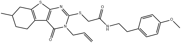2-[(3-allyl-7-methyl-4-oxo-3,4,5,6,7,8-hexahydro[1]benzothieno[2,3-d]pyrimidin-2-yl)sulfanyl]-N-[2-(4-methoxyphenyl)ethyl]acetamide 구조식 이미지