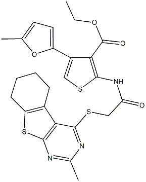 ethyl 4-(5-methyl-2-furyl)-2-({[(2-methyl-5,6,7,8-tetrahydro[1]benzothieno[2,3-d]pyrimidin-4-yl)sulfanyl]acetyl}amino)-3-thiophenecarboxylate 구조식 이미지