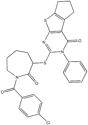 2-{[1-(4-chlorobenzoyl)-2-oxo-3-azepanyl]sulfanyl}-3-phenyl-3,5,6,7-tetrahydro-4H-cyclopenta[4,5]thieno[2,3-d]pyrimidin-4-one 구조식 이미지