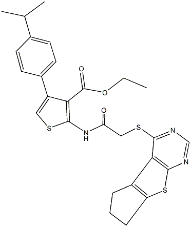 ethyl 2-{[(6,7-dihydro-5H-cyclopenta[4,5]thieno[2,3-d]pyrimidin-4-ylsulfanyl)acetyl]amino}-4-(4-isopropylphenyl)thiophene-3-carboxylate Structure