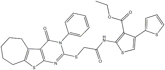 ethyl 2-({[(3-phenyl-4-oxo-3,5,6,7,8,9-hexahydro-4H-cyclohepta[4,5]thieno[2,3-d]pyrimidin-2-yl)sulfanyl]acetyl}amino)-2',4-bithiophene-3-carboxylate 구조식 이미지