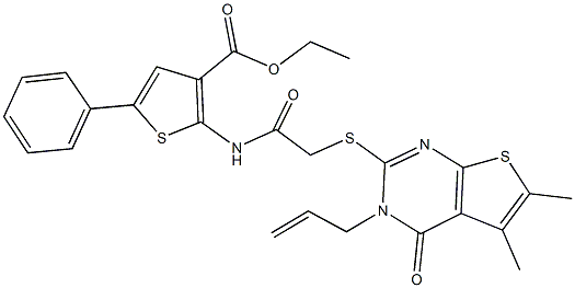 ethyl 2-({[(3-allyl-5,6-dimethyl-4-oxo-3,4-dihydrothieno[2,3-d]pyrimidin-2-yl)sulfanyl]acetyl}amino)-5-phenyl-3-thiophenecarboxylate 구조식 이미지