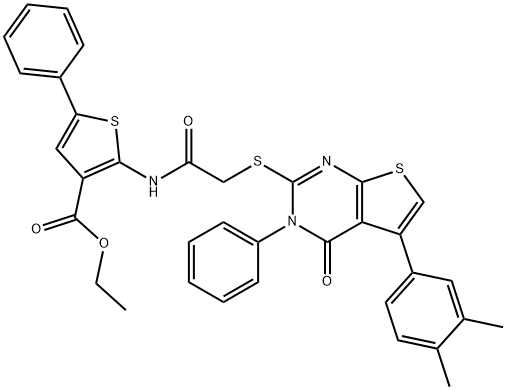 ethyl 2-[({[5-(3,4-dimethylphenyl)-4-oxo-3-phenyl-3,4-dihydrothieno[2,3-d]pyrimidin-2-yl]sulfanyl}acetyl)amino]-5-phenyl-3-thiophenecarboxylate 구조식 이미지