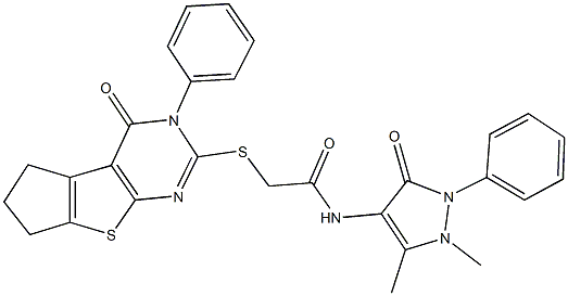 N-(1,5-dimethyl-3-oxo-2-phenyl-2,3-dihydro-1H-pyrazol-4-yl)-2-[(4-oxo-3-phenyl-3,5,6,7-tetrahydro-4H-cyclopenta[4,5]thieno[2,3-d]pyrimidin-2-yl)sulfanyl]acetamide 구조식 이미지