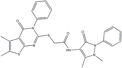 N-(1,5-dimethyl-3-oxo-2-phenyl-2,3-dihydro-1H-pyrazol-4-yl)-2-[(5,6-dimethyl-4-oxo-3-phenyl-3,4-dihydrothieno[2,3-d]pyrimidin-2-yl)sulfanyl]acetamide 구조식 이미지