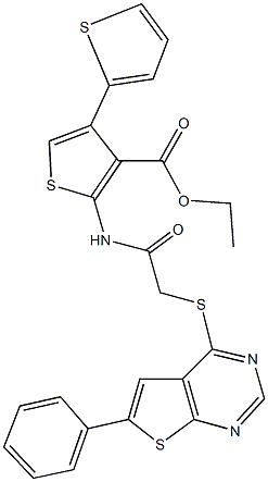 ethyl 2-({[(6-phenylthieno[2,3-d]pyrimidin-4-yl)sulfanyl]acetyl}amino)-4,2'-bithiophene-3-carboxylate 구조식 이미지