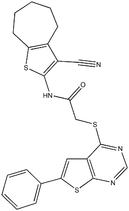 N-(3-cyano-5,6,7,8-tetrahydro-4H-cyclohepta[b]thien-2-yl)-2-[(6-phenylthieno[2,3-d]pyrimidin-4-yl)sulfanyl]acetamide 구조식 이미지