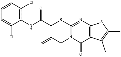 2-[(3-allyl-5,6-dimethyl-4-oxo-3,4-dihydrothieno[2,3-d]pyrimidin-2-yl)sulfanyl]-N-(2,6-dichlorophenyl)acetamide 구조식 이미지