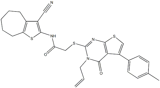 2-{[3-allyl-5-(4-methylphenyl)-4-oxo-3,4-dihydrothieno[2,3-d]pyrimidin-2-yl]sulfanyl}-N-(3-cyano-5,6,7,8-tetrahydro-4H-cyclohepta[b]thien-2-yl)acetamide Structure