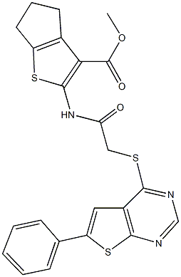 methyl 2-({[(6-phenylthieno[2,3-d]pyrimidin-4-yl)sulfanyl]acetyl}amino)-5,6-dihydro-4H-cyclopenta[b]thiophene-3-carboxylate 구조식 이미지