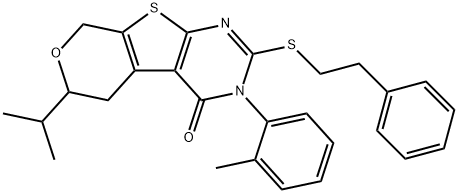 6-isopropyl-3-(2-methylphenyl)-2-[(2-phenylethyl)sulfanyl]-3,5,6,8-tetrahydro-4H-pyrano[4',3':4,5]thieno[2,3-d]pyrimidin-4-one Structure