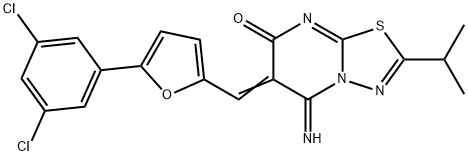 6-{[5-(3,5-dichlorophenyl)-2-furyl]methylene}-5-imino-2-isopropyl-5,6-dihydro-7H-[1,3,4]thiadiazolo[3,2-a]pyrimidin-7-one Structure