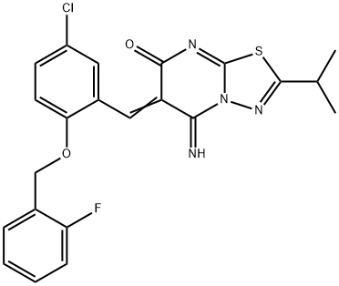 6-{5-chloro-2-[(2-fluorobenzyl)oxy]benzylidene}-5-imino-2-isopropyl-5,6-dihydro-7H-[1,3,4]thiadiazolo[3,2-a]pyrimidin-7-one Structure