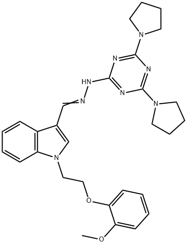 1-[2-(2-methoxyphenoxy)ethyl]-1H-indole-3-carbaldehyde [4,6-di(1-pyrrolidinyl)-1,3,5-triazin-2-yl]hydrazone 구조식 이미지