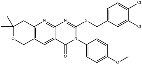 2-[(3,4-dichlorobenzyl)sulfanyl]-3-(4-methoxyphenyl)-8,8-dimethyl-3,6,8,9-tetrahydro-4H-pyrano[3',4':5,6]pyrido[2,3-d]pyrimidin-4-one 구조식 이미지